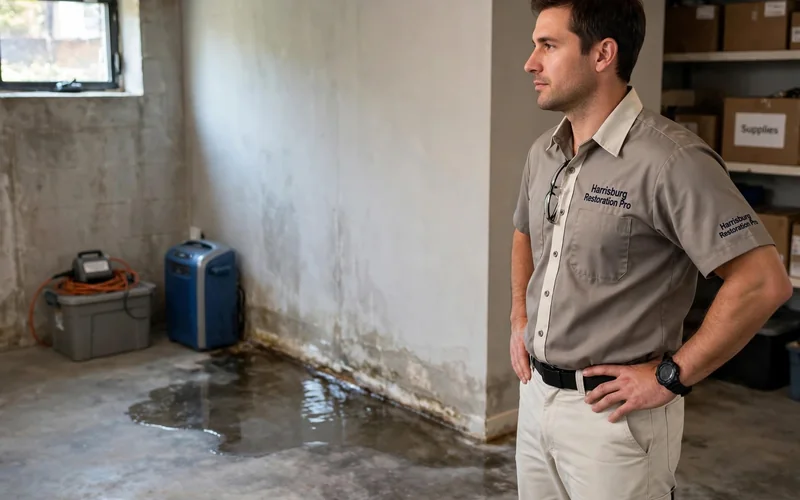 Technician inspecting a wet Harrisburg basement floor